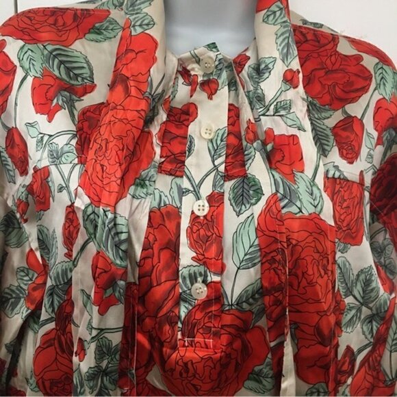 Ganni Rose Print Oversized Tie-Neck Stretch-Silk Blouse - Picture 5 of 15